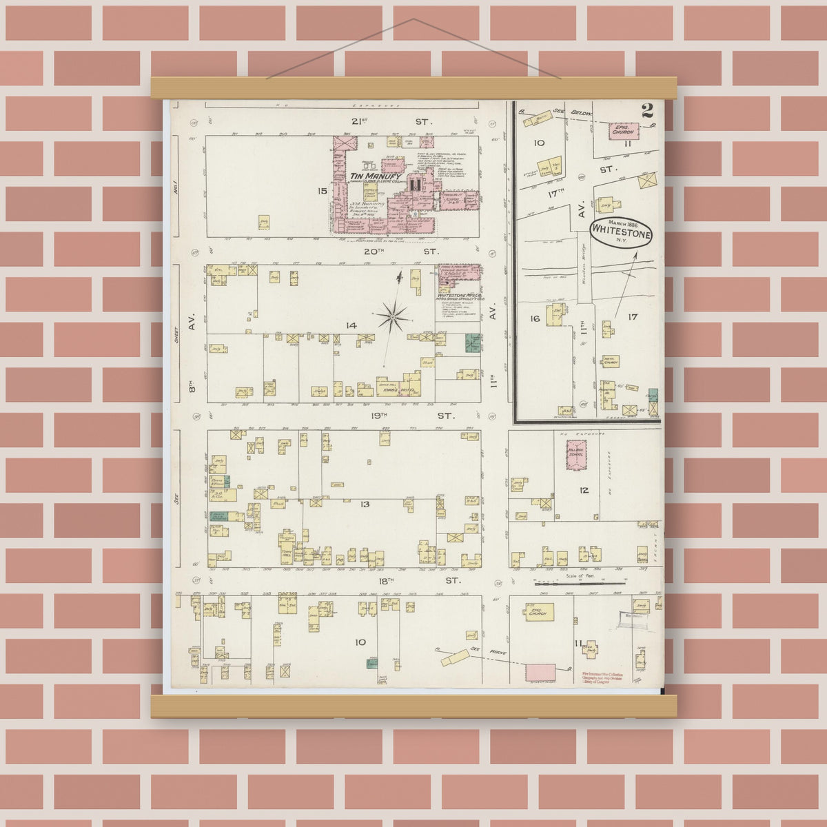Old map wall art mockup — magnetic wood frame on brick wall — Sanborn Fire Insurance Map from Whitestone, Queens County, New York (1886), Sheet #0002