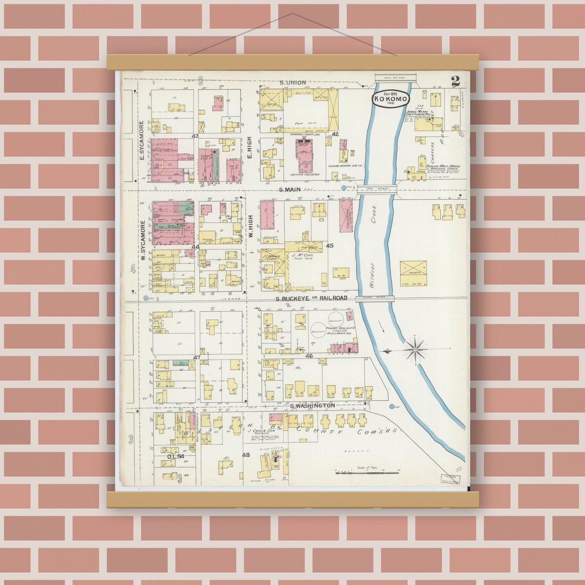 Old map wall art mockup — magnetic wood frame on brick wall — Sanborn Fire Insurance Map from Kokomo, Howard County, Indiana (1892), Sheet #0002