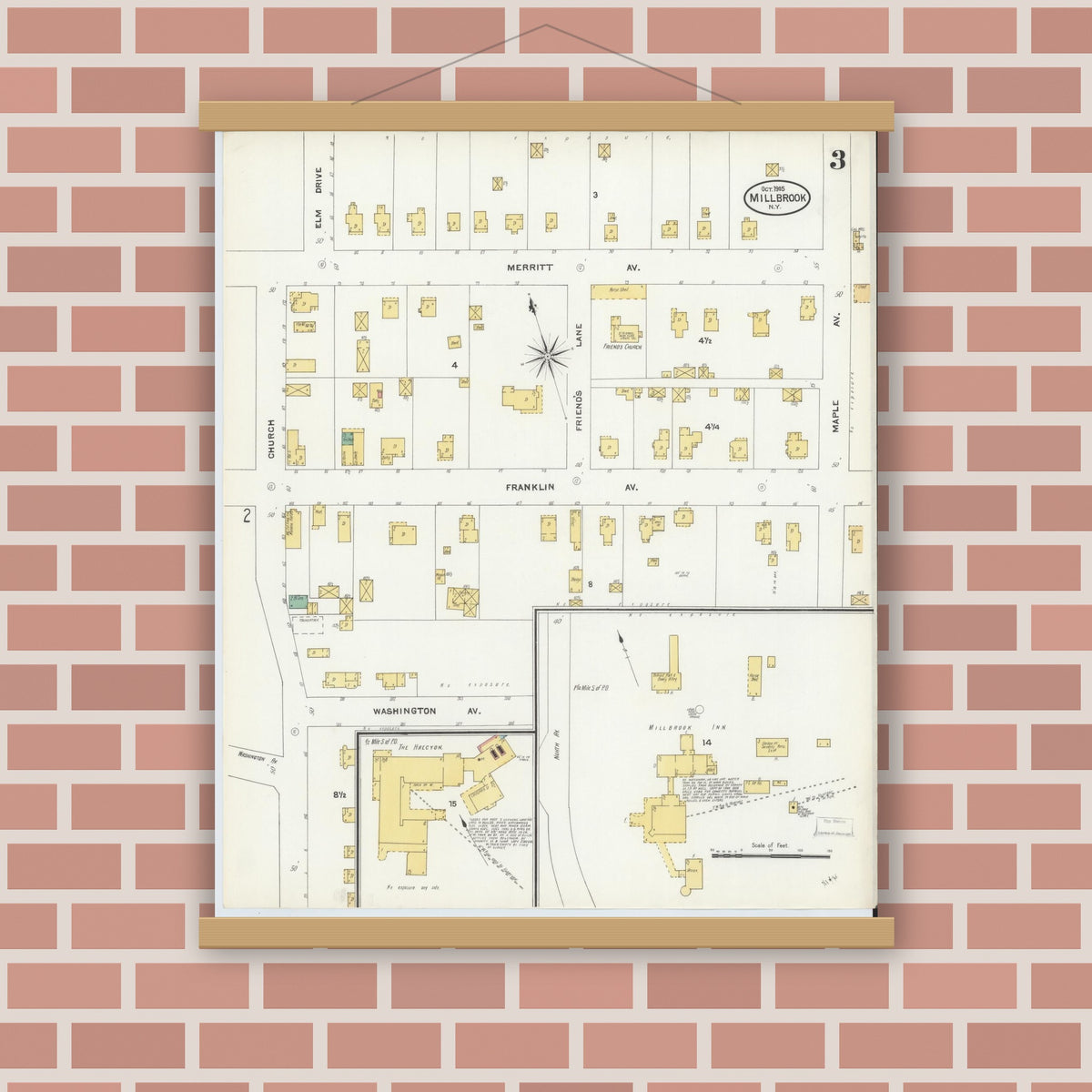 Old map wall art mockup — magnetic wood frame on brick wall — Sanborn Fire Insurance Map from Millbrook, Dutchess County, New York (1905), Sheet #0003
