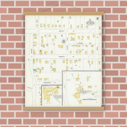 Old map wall art mockup — magnetic wood frame on brick wall — Sanborn Fire Insurance Map from Millbrook, Dutchess County, New York (1905), Sheet #0003
