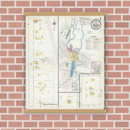 Old map wall art mockup — magnetic wood frame on brick wall — Sanborn Fire Insurance Map from Necedah, Juneau County, Wisconsin (1916) - Complete Map Set