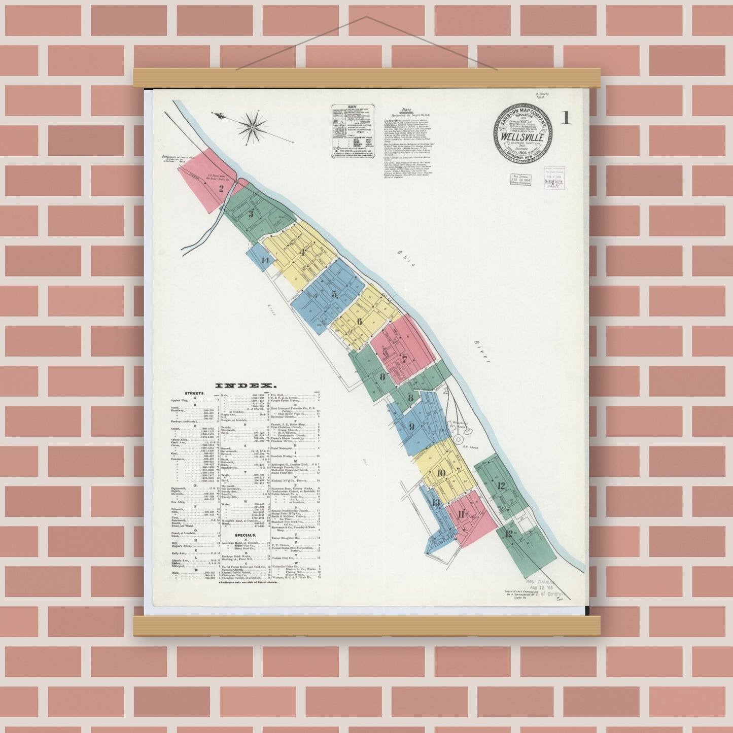 Old map wall art mockup — magnetic wood frame on brick wall — Sanborn Fire Insurance Map from Wellsville, Columbiana County, Ohio (1903) - Complete Map Set