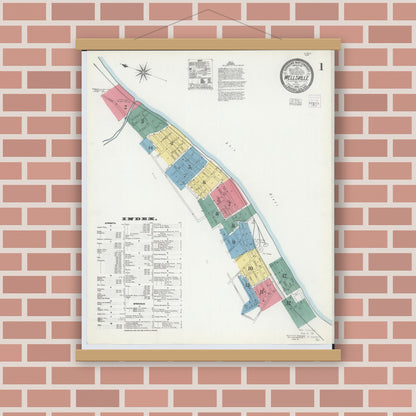 Old map wall art mockup — magnetic wood frame on brick wall — Sanborn Fire Insurance Map from Wellsville, Columbiana County, Ohio (1903) - Complete Map Set
