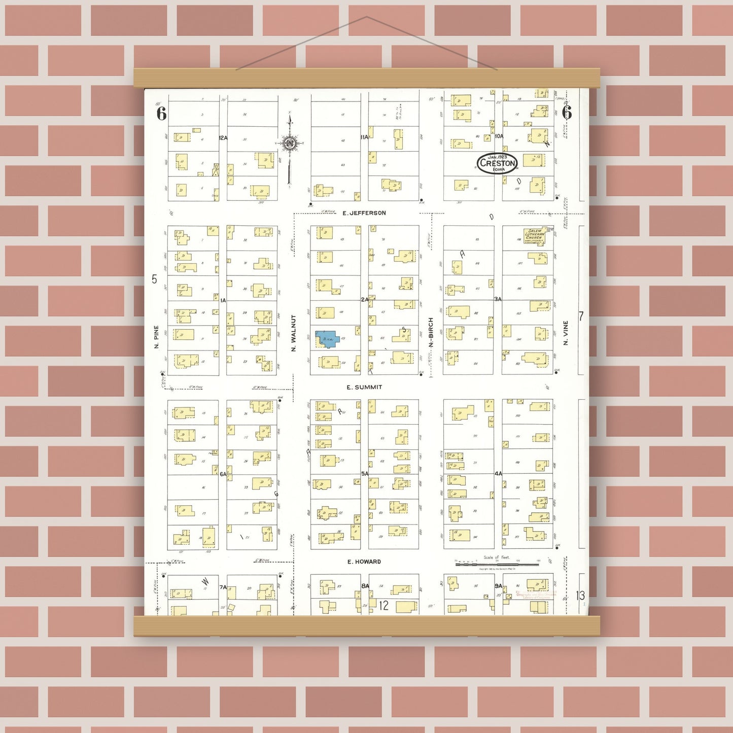 Old map wall art mockup — magnetic wood frame on brick wall — Sanborn Fire Insurance Map from Creston, Union County, Iowa (1923), Sheet #0006