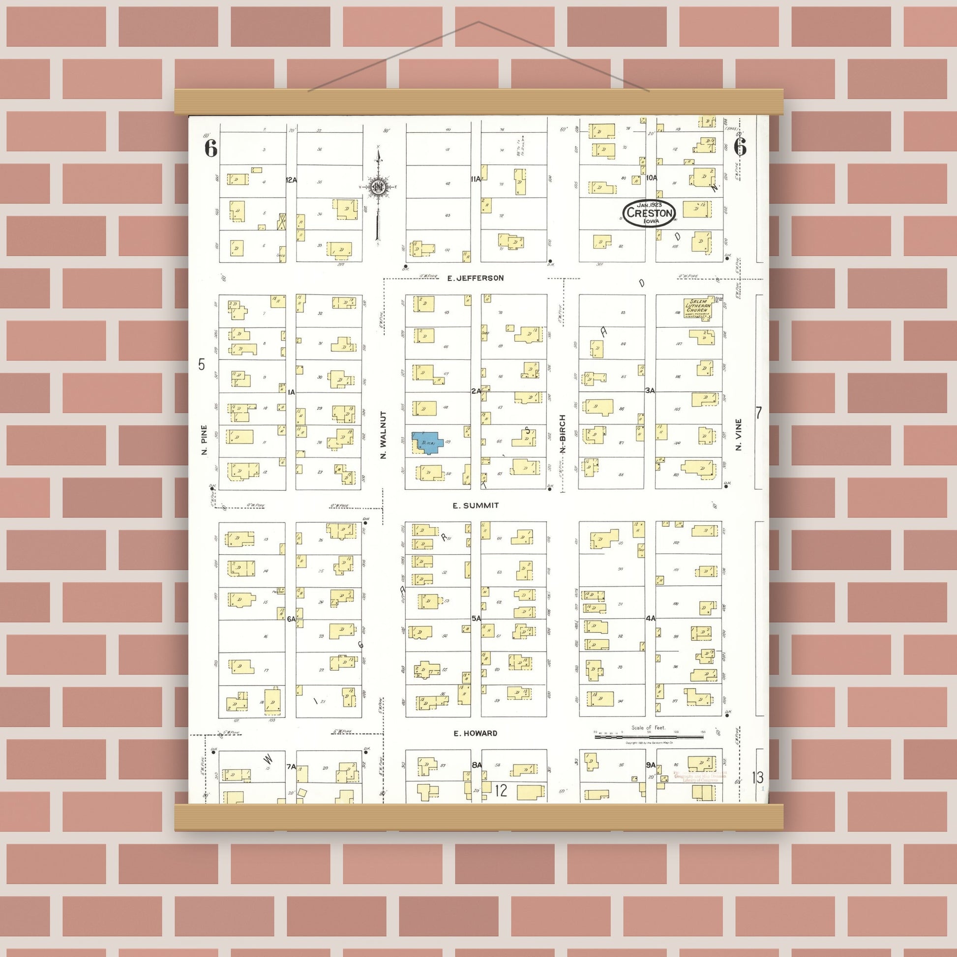 Old map wall art mockup — magnetic wood frame on brick wall — Sanborn Fire Insurance Map from Creston, Union County, Iowa (1923), Sheet #0006