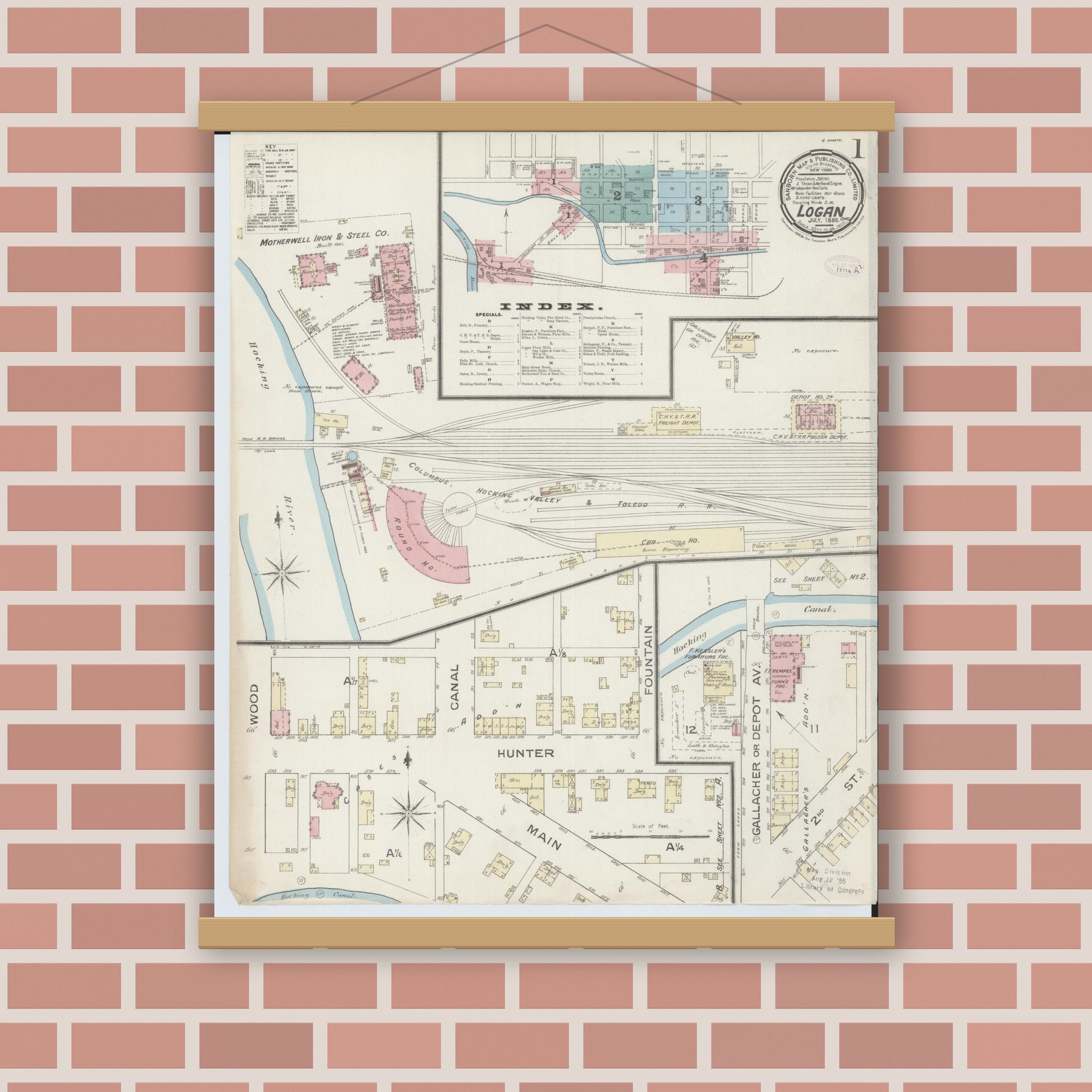 Old map wall art mockup — magnetic wood frame on brick wall — Sanborn Fire Insurance Map from Logan, Hocking County, Ohio (1886) - Complete Map Set