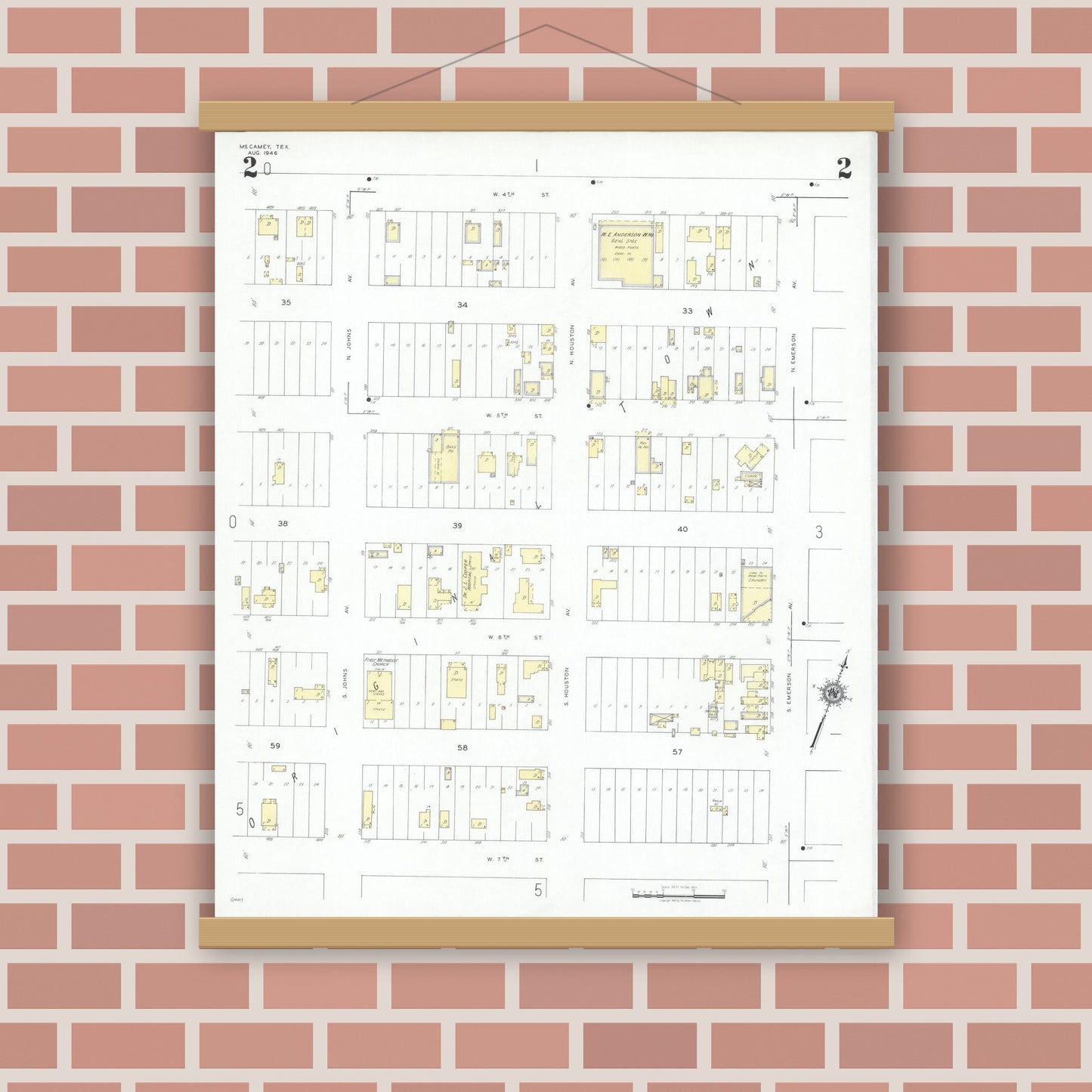 Old map wall art mockup — magnetic wood frame on brick wall — Sanborn Fire Insurance Map from McCamey, Upton County, Texas (1946), Sheet #0002