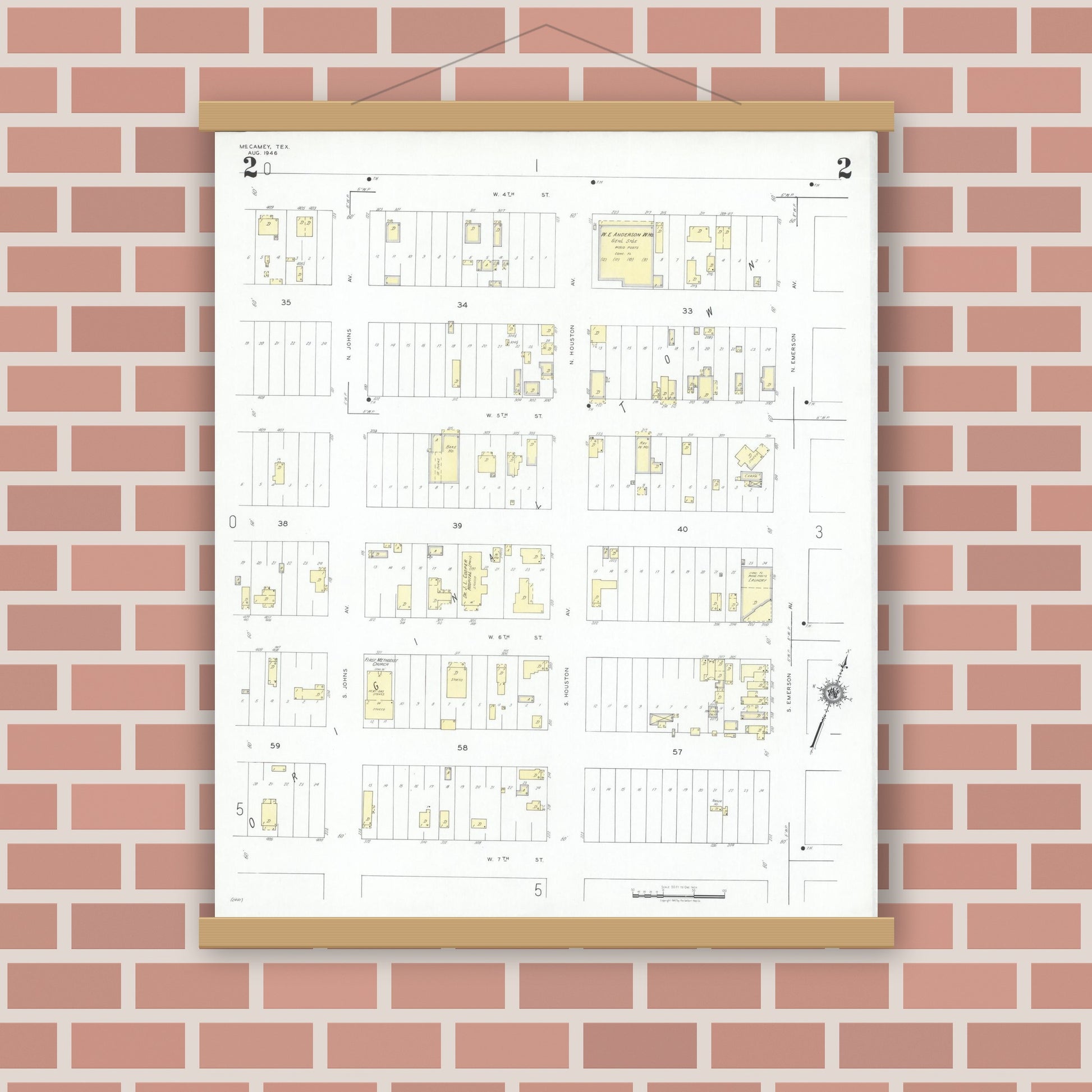 Old map wall art mockup — magnetic wood frame on brick wall — Sanborn Fire Insurance Map from McCamey, Upton County, Texas (1946), Sheet #0002