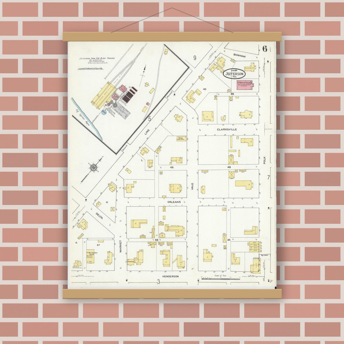 Old map wall art mockup — magnetic wood frame on brick wall — Sanborn Fire Insurance Map from Jefferson, Marion County, Texas (1911), Sheet #0006