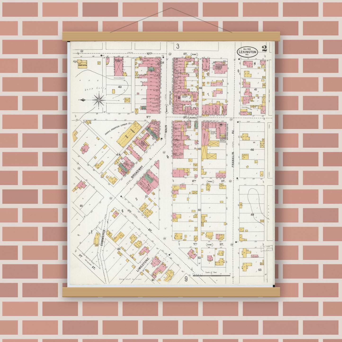 Old map wall art mockup — magnetic wood frame on brick wall — Sanborn Fire Insurance Map from Lexington, Lafayette County, Missouri (1900), Sheet #0002