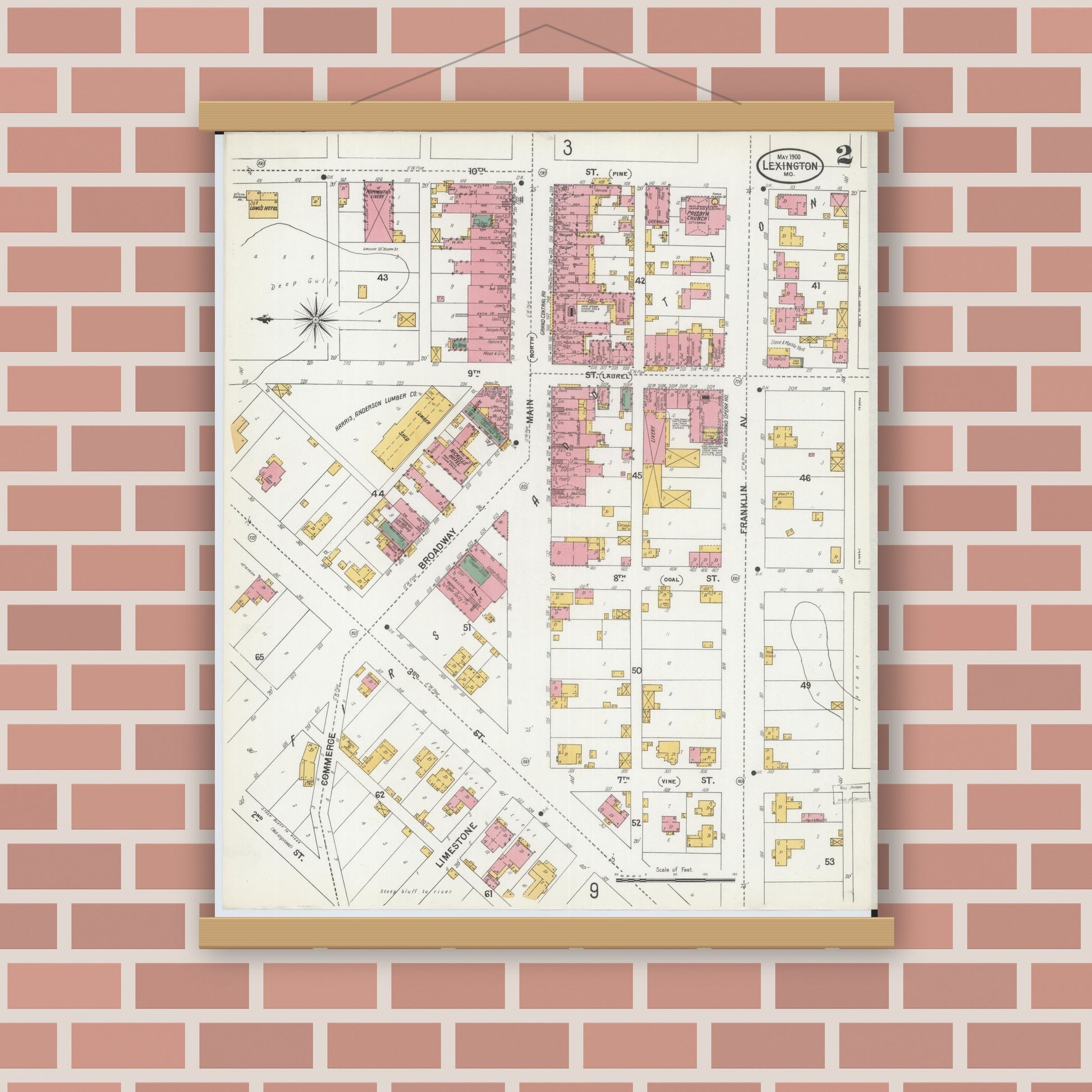 Old map wall art mockup — magnetic wood frame on brick wall — Sanborn Fire Insurance Map from Lexington, Lafayette County, Missouri (1900), Sheet #0002