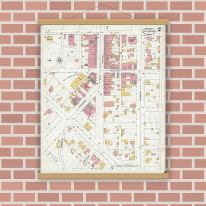 Old map wall art mockup — magnetic wood frame on brick wall — Sanborn Fire Insurance Map from Lexington, Lafayette County, Missouri (1900), Sheet #0002