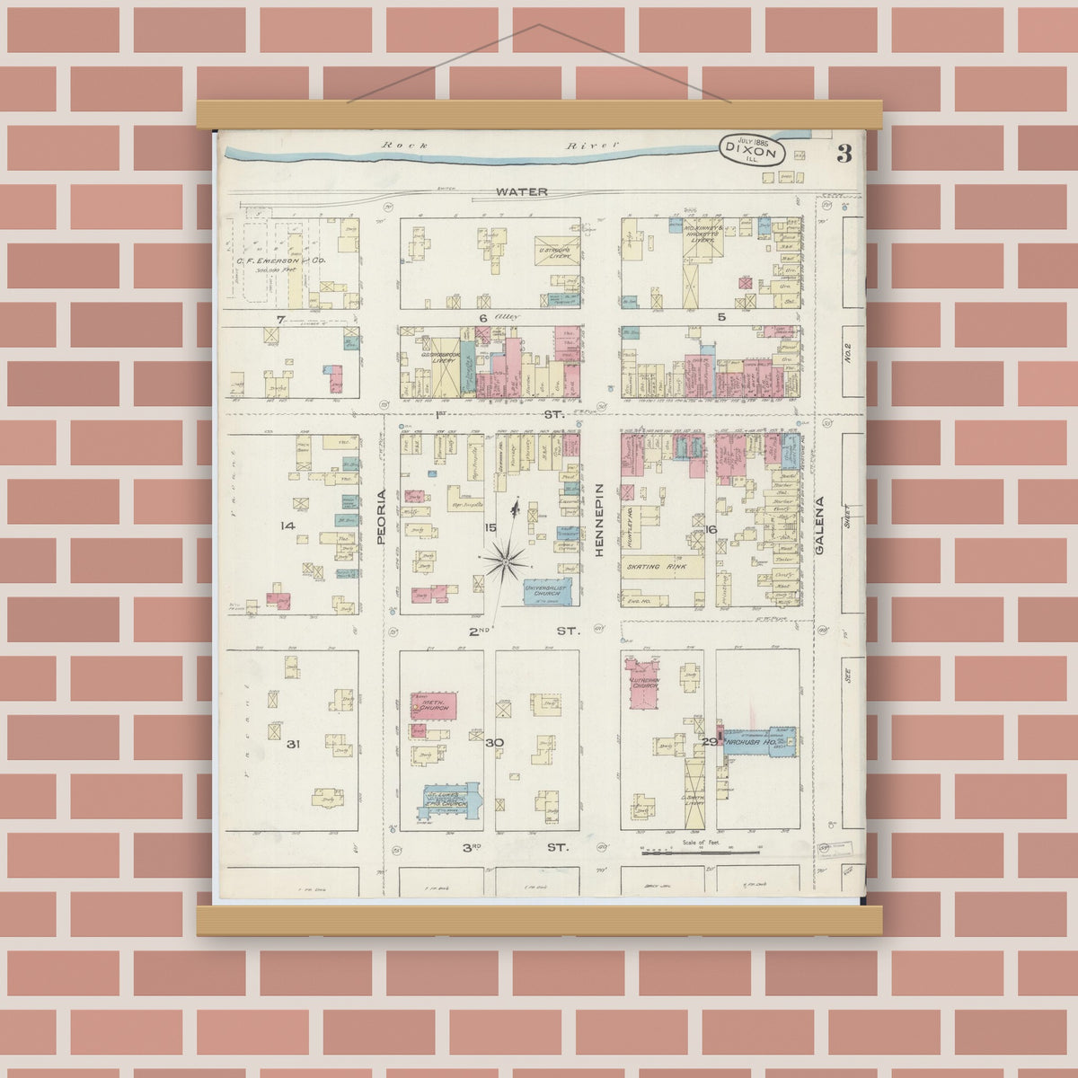 Old map wall art mockup — magnetic wood frame on brick wall — Sanborn Fire Insurance Map from Dixon, Lee County, Illinois (1885), Sheet #0003