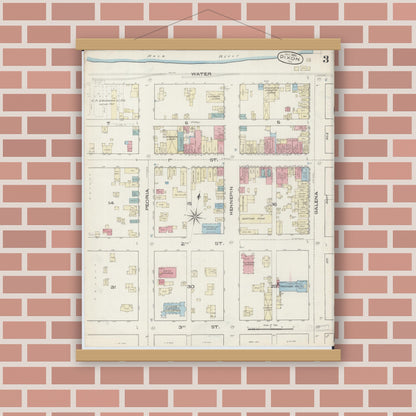 Old map wall art mockup — magnetic wood frame on brick wall — Sanborn Fire Insurance Map from Dixon, Lee County, Illinois (1885), Sheet #0003