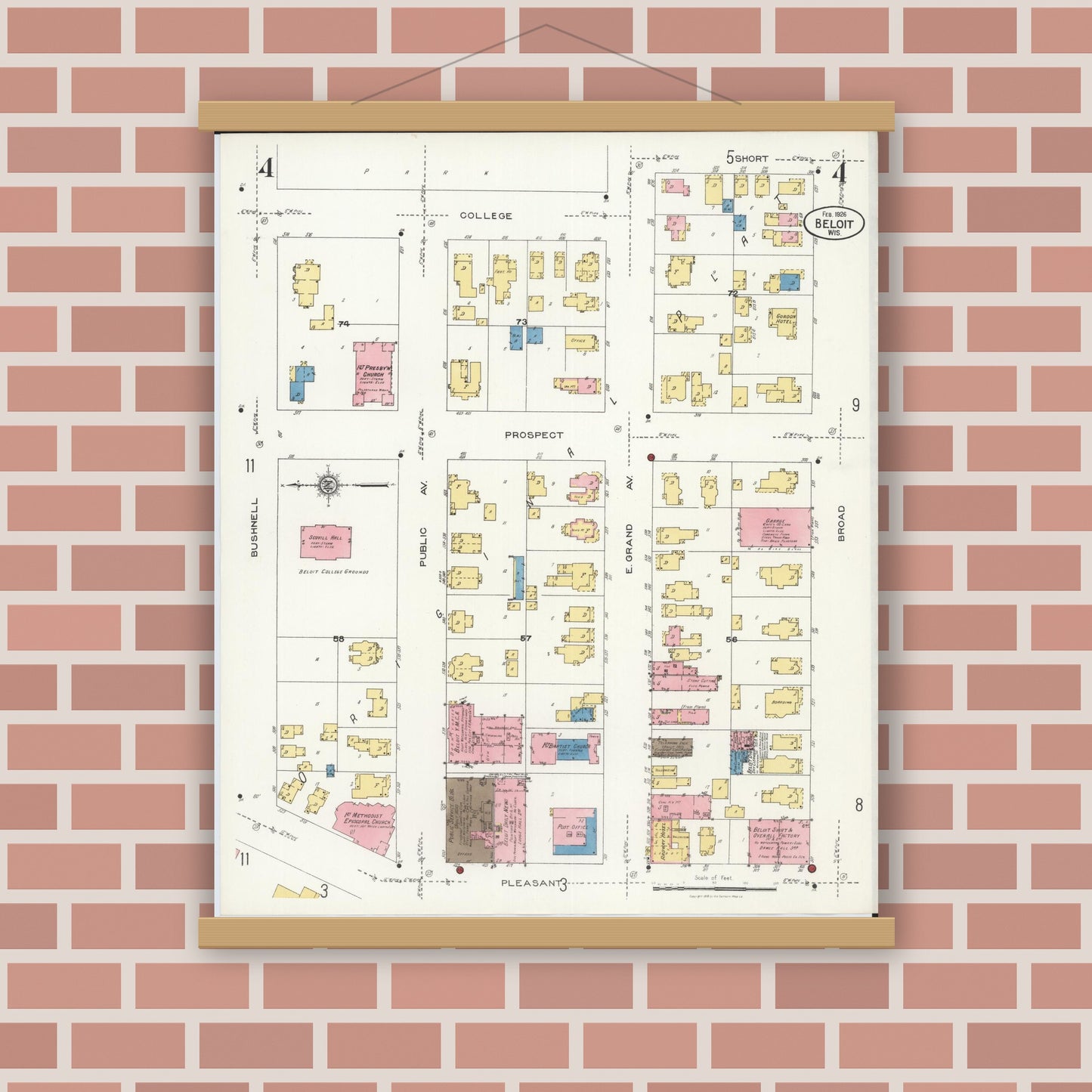 Old map wall art mockup — magnetic wood frame on brick wall — Sanborn Fire Insurance Map from Beloit, Rock County, Wisconsin (1926), Sheet #0004