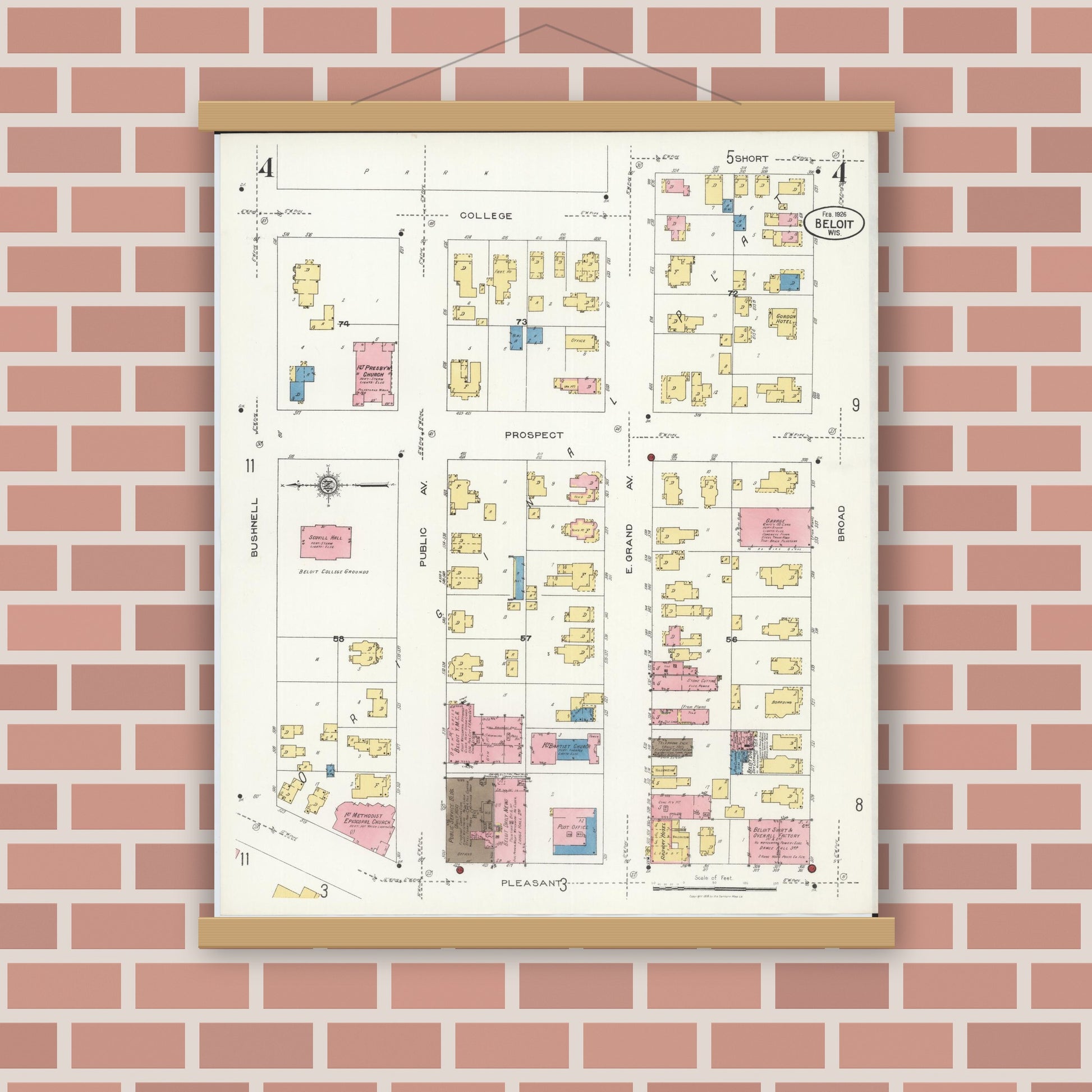 Old map wall art mockup — magnetic wood frame on brick wall — Sanborn Fire Insurance Map from Beloit, Rock County, Wisconsin (1926), Sheet #0004