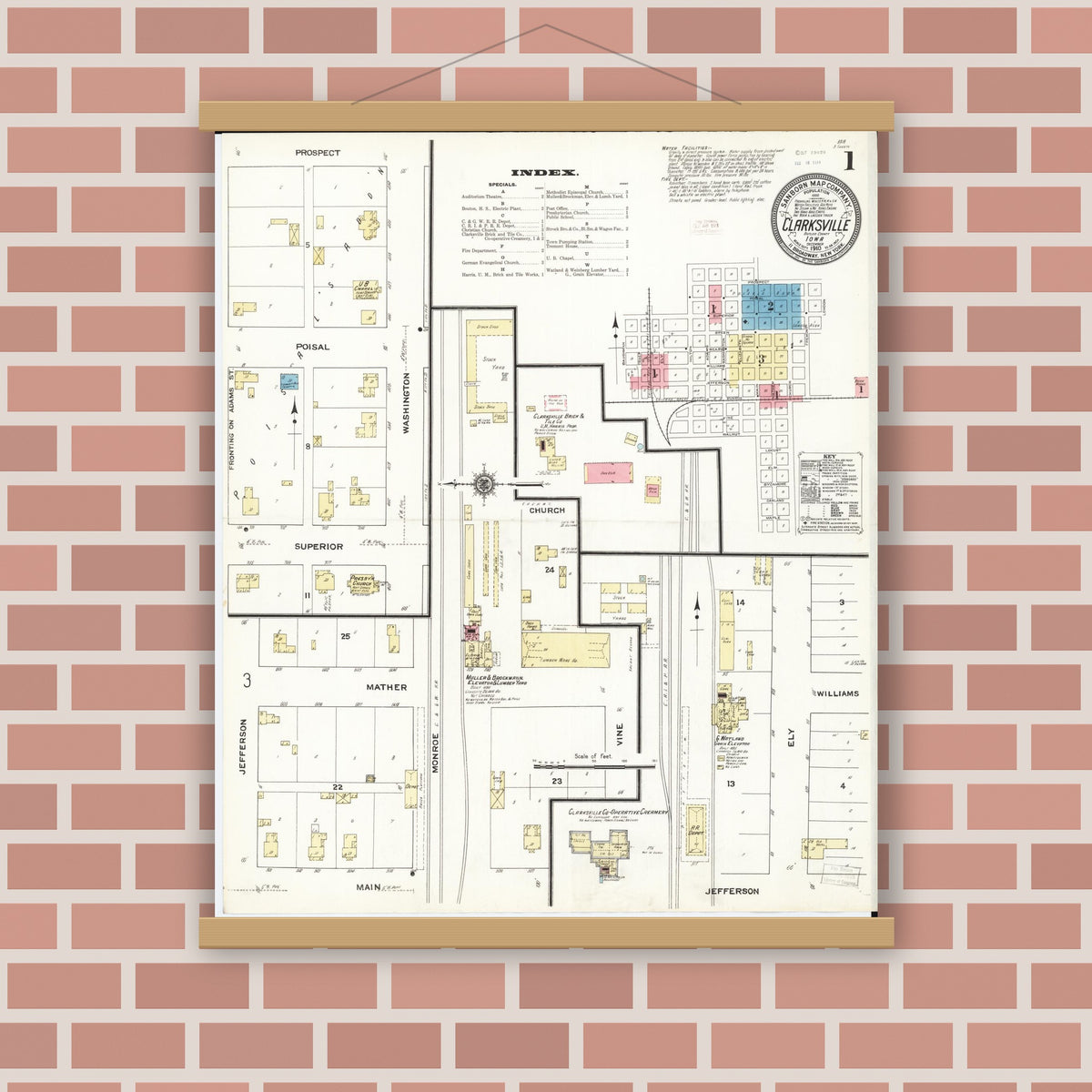 Old map wall art mockup — magnetic wood frame on brick wall — Sanborn Fire Insurance Map from Clarksville, Butler County, Iowa (1910) â€” Complete Set