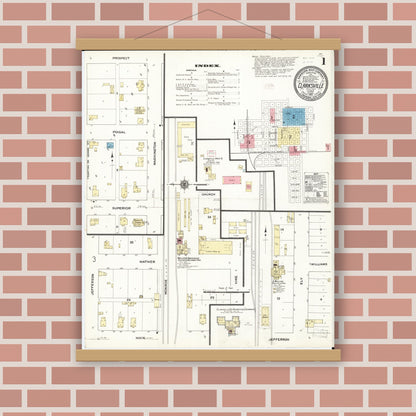 Old map wall art mockup — magnetic wood frame on brick wall — Sanborn Fire Insurance Map from Clarksville, Butler County, Iowa (1910) â€” Complete Set