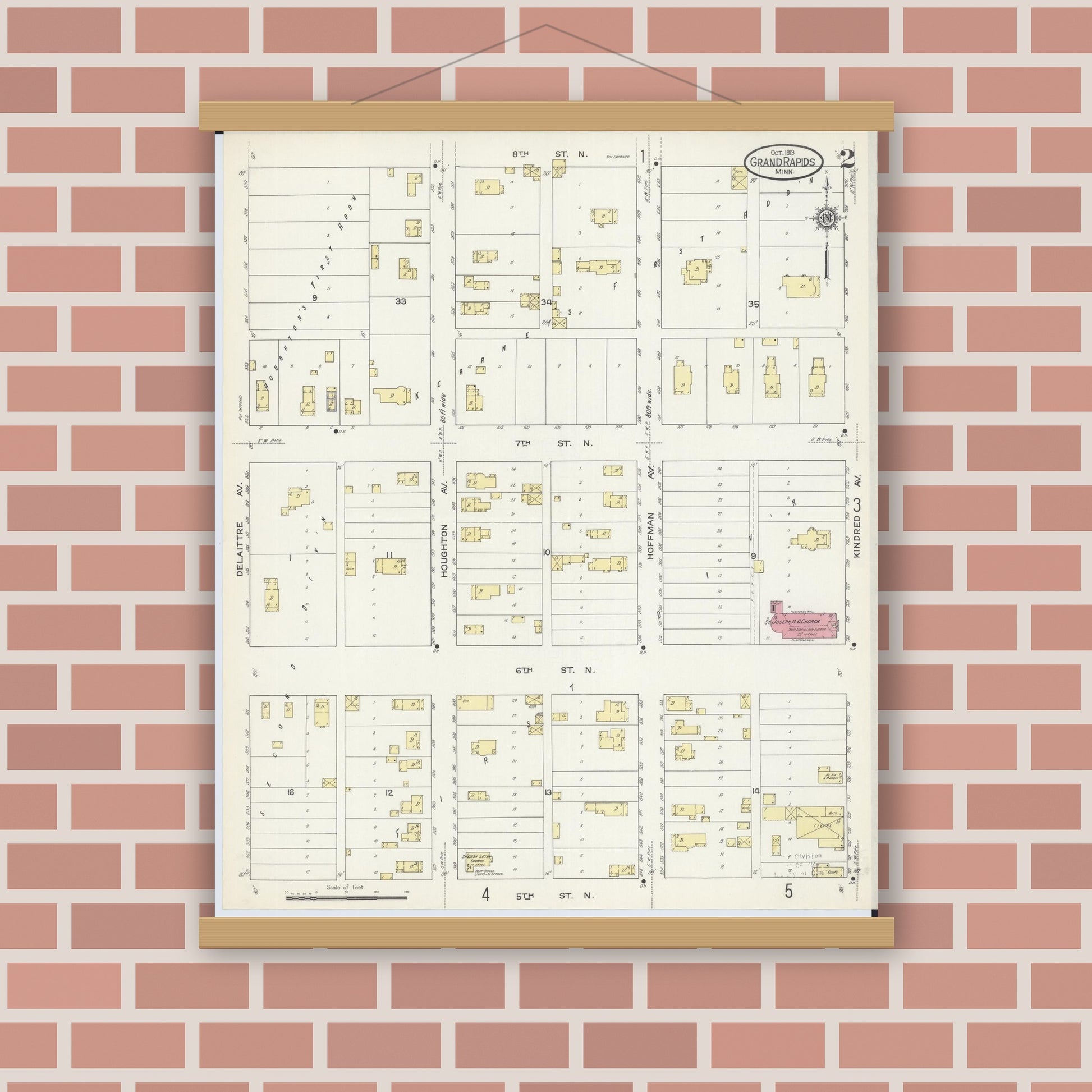 Old map wall art mockup — magnetic wood frame on brick wall — Sanborn Fire Insurance Map from Grand Rapids, Itasca County, Minnesota (1913), Sheet #0002
