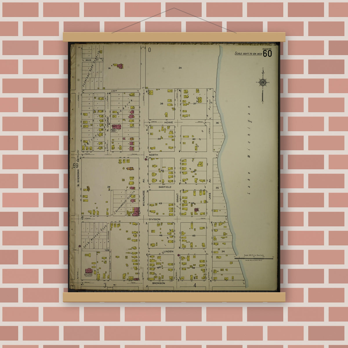 Old map wall art mockup — magnetic wood frame on brick wall — Sanborn Fire Insurance Map from Kenosha, Kenosha County, Wisconsin. (1918), Sheet 64