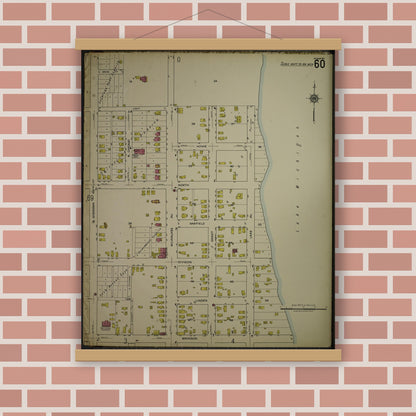 Old map wall art mockup — magnetic wood frame on brick wall — Sanborn Fire Insurance Map from Kenosha, Kenosha County, Wisconsin. (1918), Sheet 64