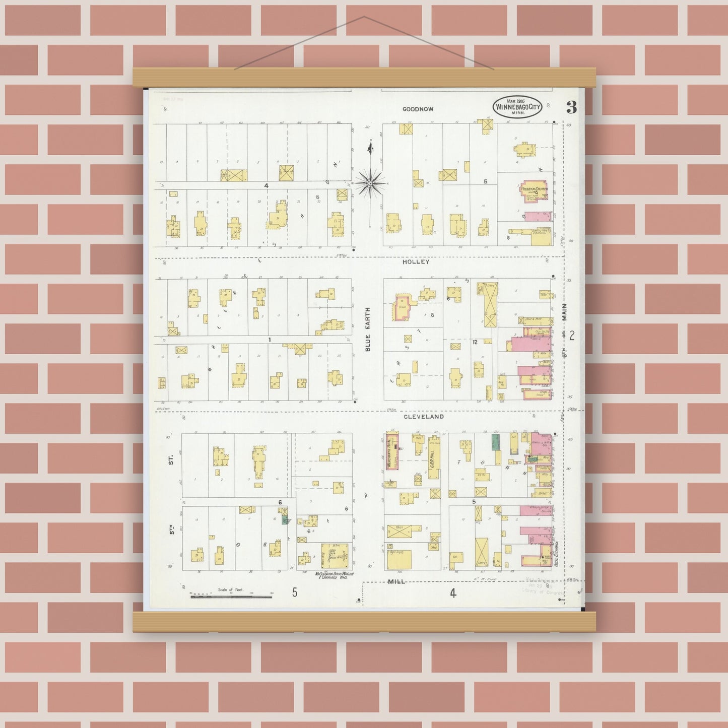 Old map wall art mockup — magnetic wood frame on brick wall — Sanborn Fire Insurance Map from Winnebago, Faribault County, Minnesota (1905), Sheet #0003