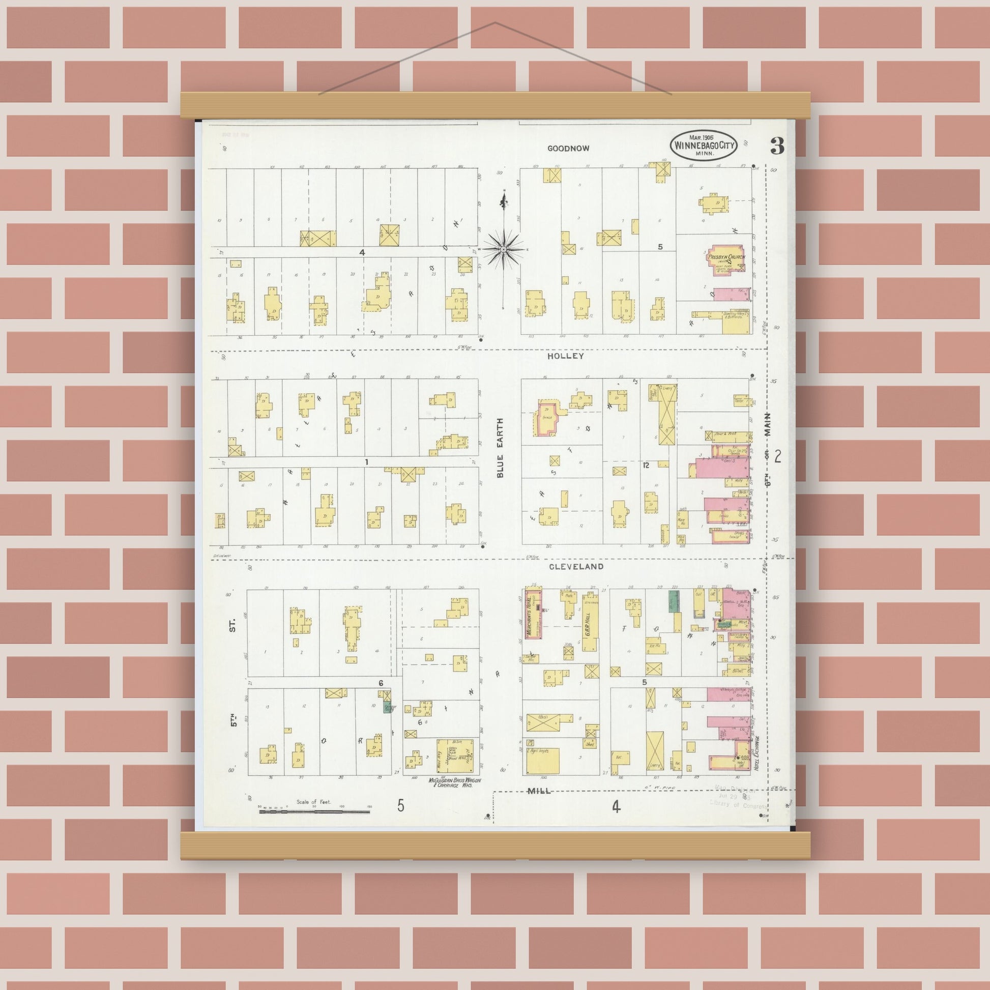 Old map wall art mockup — magnetic wood frame on brick wall — Sanborn Fire Insurance Map from Winnebago, Faribault County, Minnesota (1905), Sheet #0003