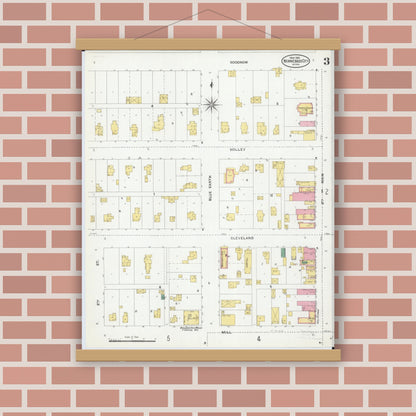 Old map wall art mockup — magnetic wood frame on brick wall — Sanborn Fire Insurance Map from Winnebago, Faribault County, Minnesota (1905), Sheet #0003