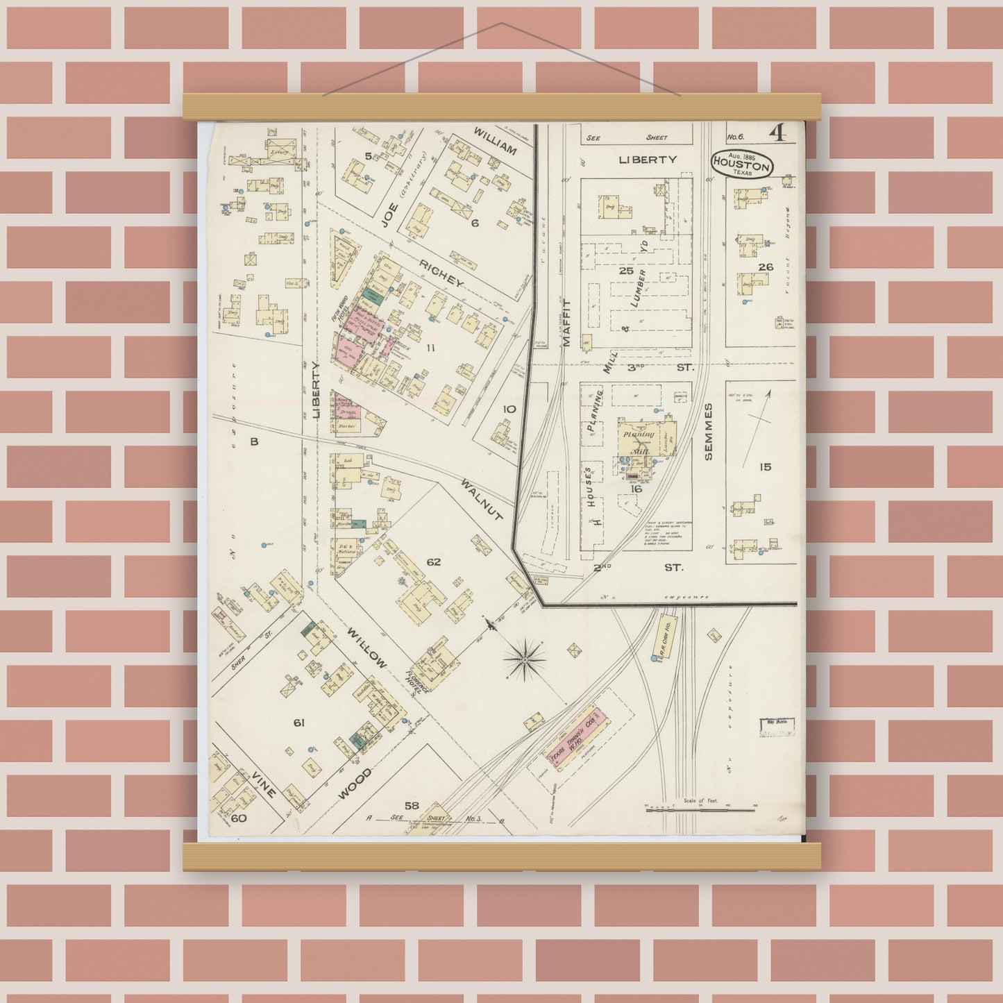 Old map wall art mockup — magnetic wood frame on brick wall — Sanborn Fire Insurance Map from Houston, Harris County, Texas (1885), Sheet #0004
