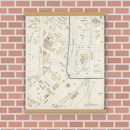 Old map wall art mockup — magnetic wood frame on brick wall — Sanborn Fire Insurance Map from Houston, Harris County, Texas (1885), Sheet #0004