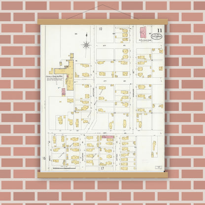 Old map wall art mockup — magnetic wood frame on brick wall — Sanborn Fire Insurance Map from Columbus, Bartholomew County, Indiana (1906), Sheet #0011
