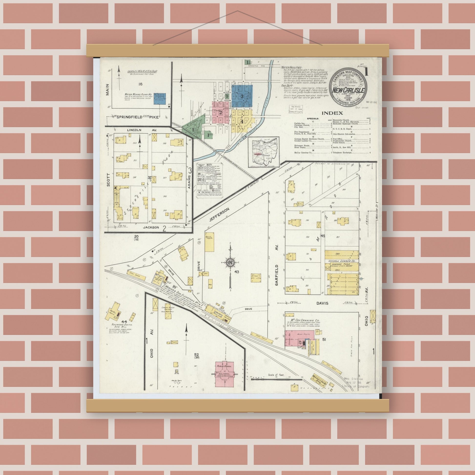 Old map wall art mockup — magnetic wood frame on brick wall — Sanborn Fire Insurance Map from New Carlisle, Clarke County, Ohio (1916) - Complete Map Set