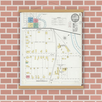 Old map wall art mockup — magnetic wood frame on brick wall — Sanborn Fire Insurance Map from Williamsburg, Clermont County, Ohio (1900), Sheet #0001