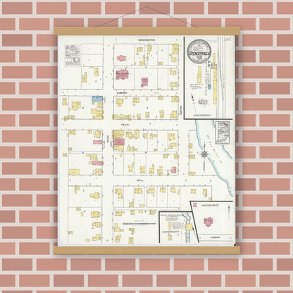Old map wall art mockup — magnetic wood frame on brick wall — Sanborn Fire Insurance Map from Spencerville, De Kalb County, Indiana (1917), Sheet #0001