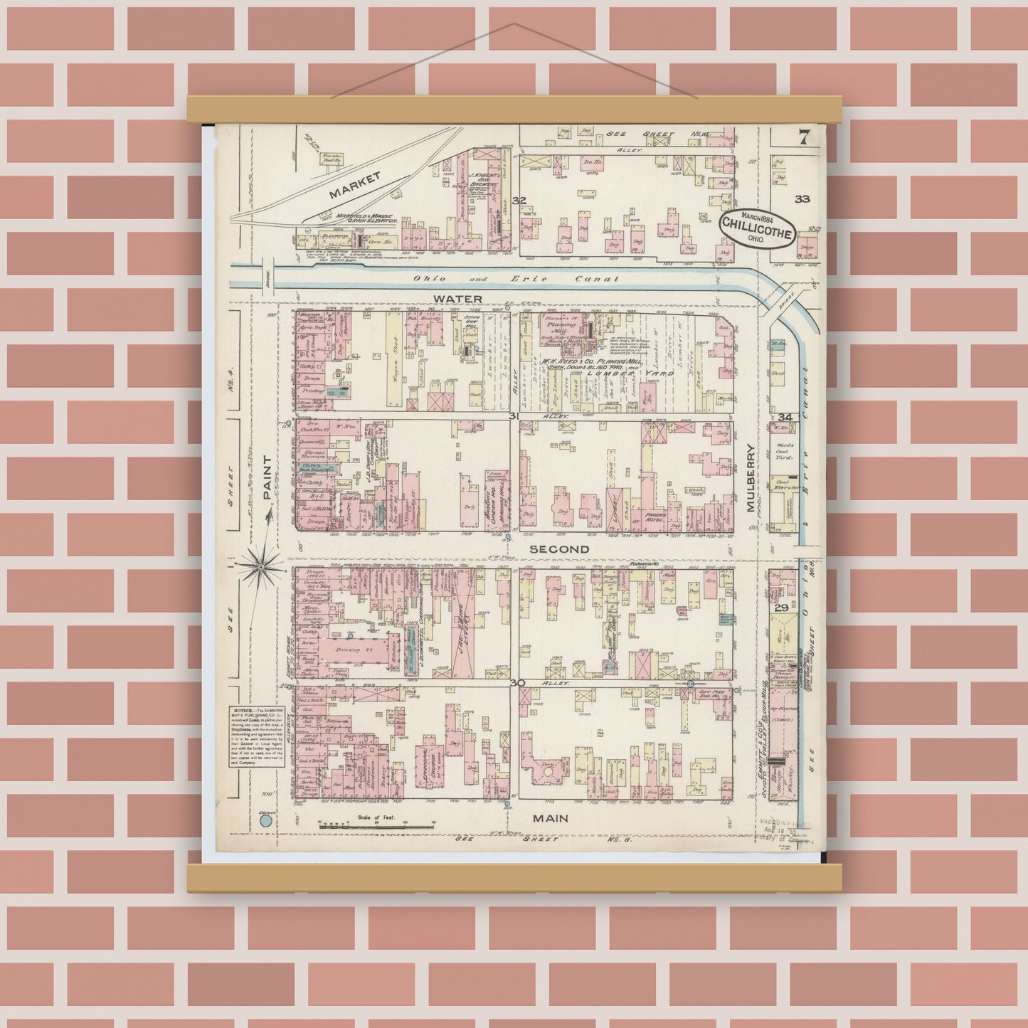 Old map wall art mockup — magnetic wood frame on brick wall — Sanborn Fire Insurance Map from Chillicothe, Ross County, Ohio (1884), Sheet #0007