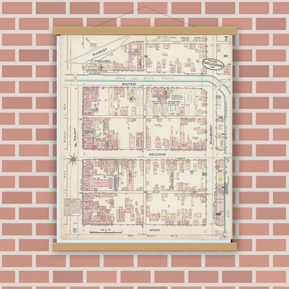 Old map wall art mockup — magnetic wood frame on brick wall — Sanborn Fire Insurance Map from Chillicothe, Ross County, Ohio (1884), Sheet #0007