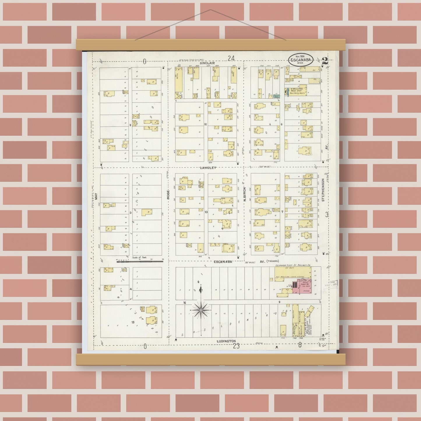 Old map wall art mockup — magnetic wood frame on brick wall — Sanborn Fire Insurance Map from Escanaba, Delta County, Michigan (1906), Sheet #0002