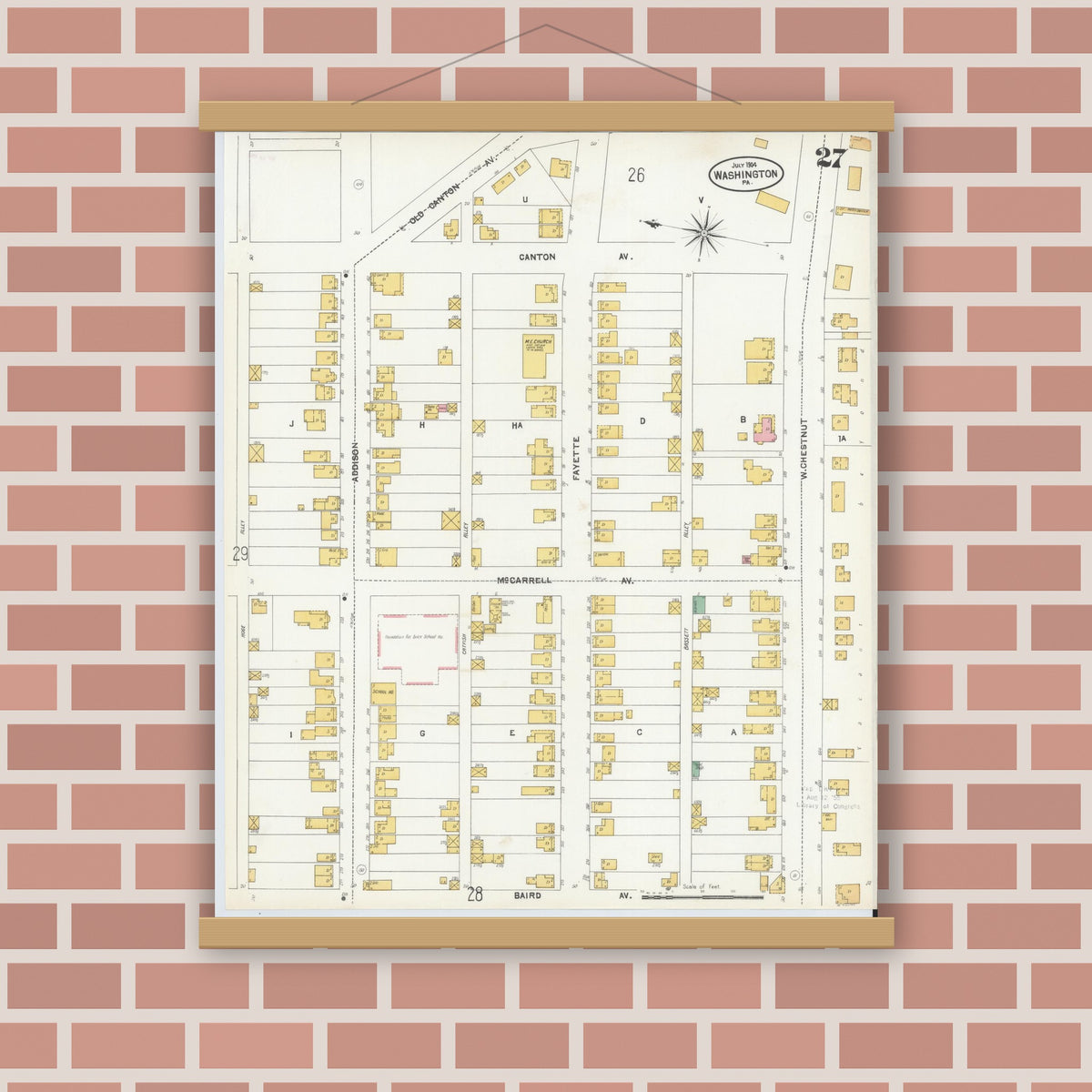 Old map wall art mockup — magnetic wood frame on brick wall — Sanborn Fire Insurance Map from Washington, Washington County, Pennsylvania (1904), Sheet #0027
