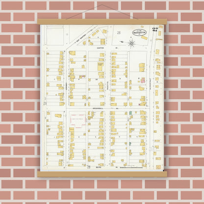 Old map wall art mockup — magnetic wood frame on brick wall — Sanborn Fire Insurance Map from Washington, Washington County, Pennsylvania (1904), Sheet #0027