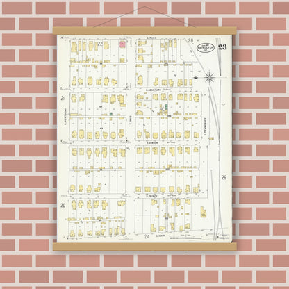 Old map wall art mockup — magnetic wood frame on brick wall — Sanborn Fire Insurance Map from Princeton, Gibson County, Indiana (1907), Sheet #0023