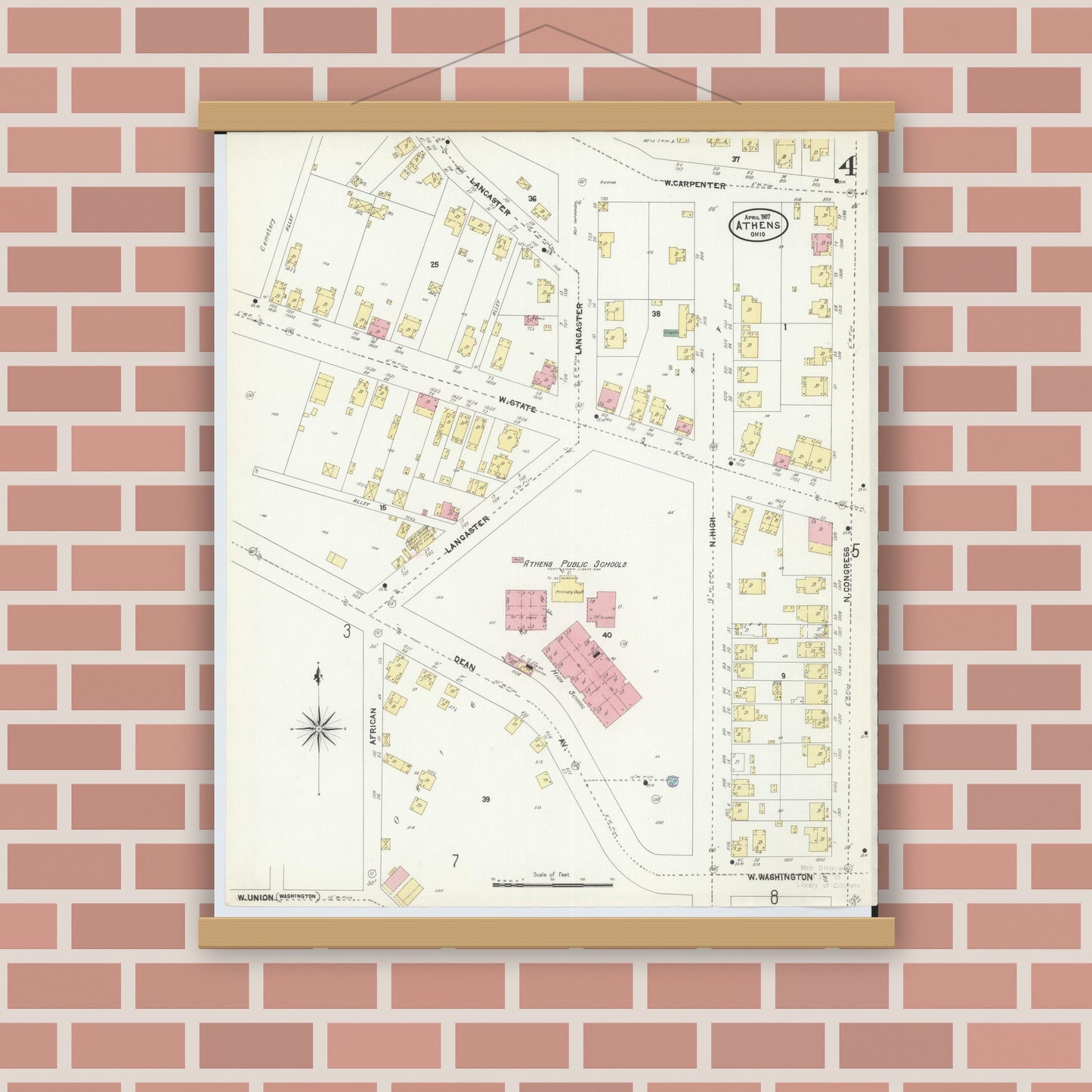 Old map wall art mockup — magnetic wood frame on brick wall — Sanborn Fire Insurance Map from Athens, Athens County, Ohio (1907), Sheet #0004