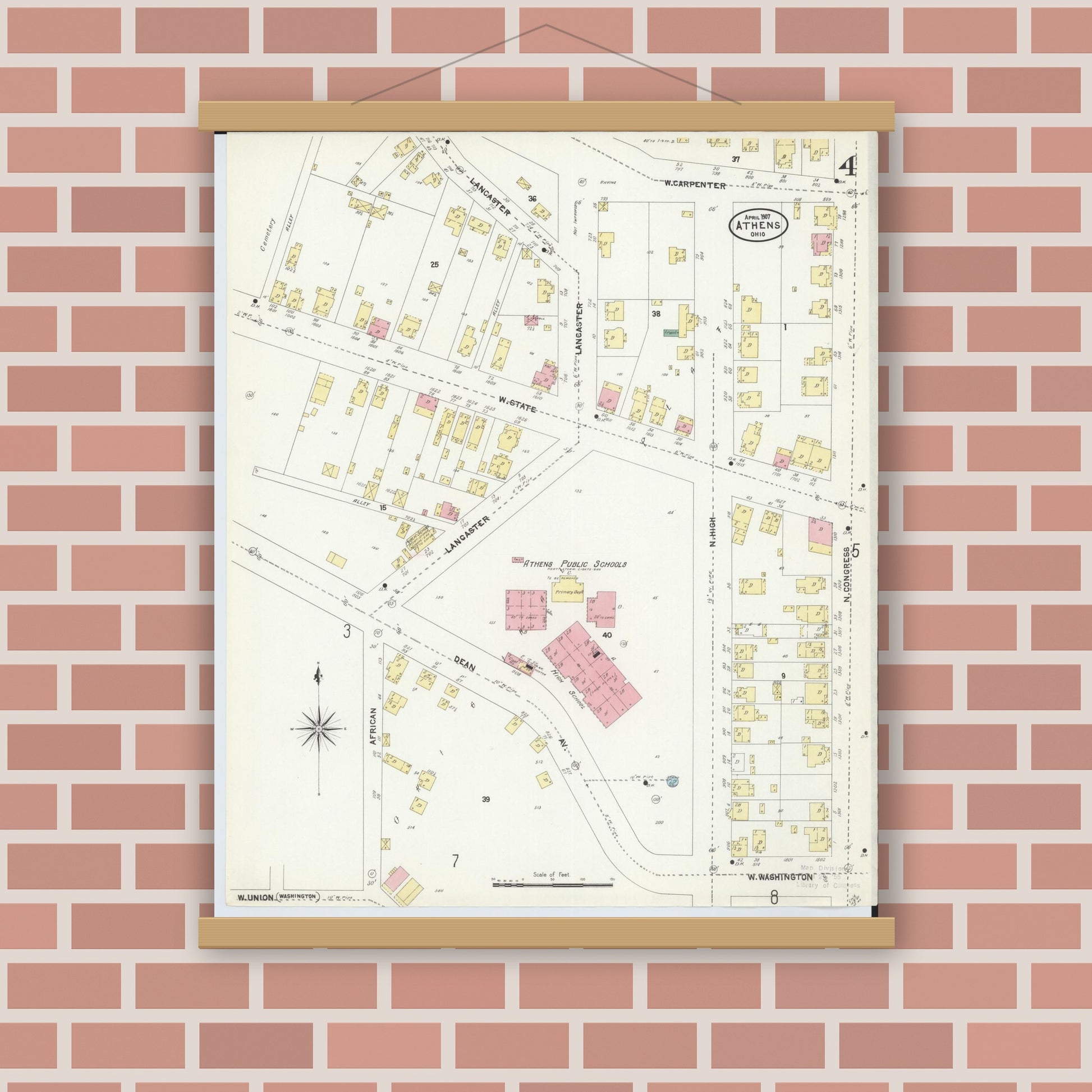 Old map wall art mockup — magnetic wood frame on brick wall — Sanborn Fire Insurance Map from Athens, Athens County, Ohio (1907), Sheet #0004