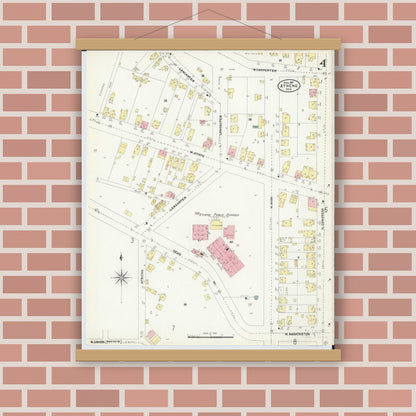 Old map wall art mockup — magnetic wood frame on brick wall — Sanborn Fire Insurance Map from Athens, Athens County, Ohio (1907), Sheet #0004