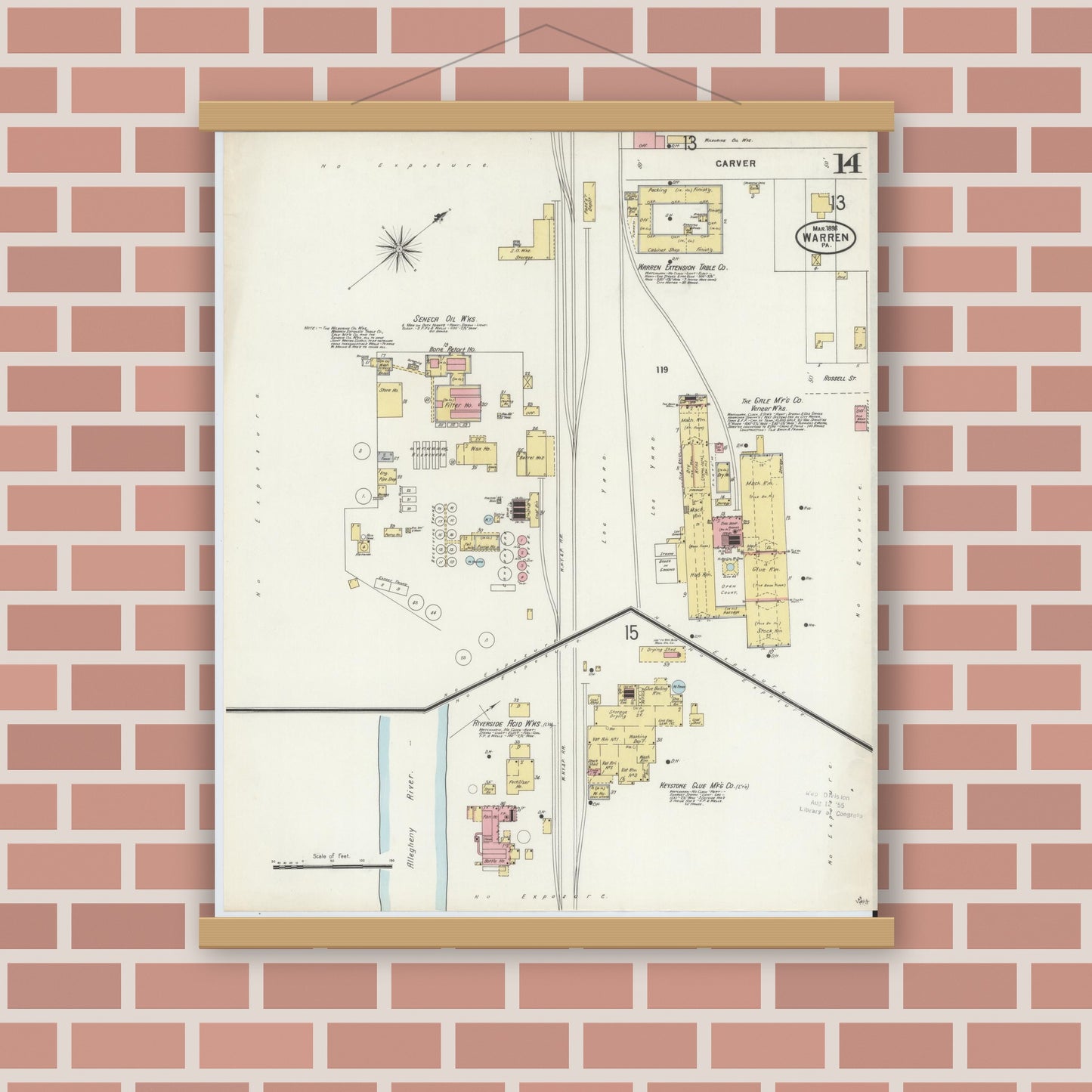 Old map wall art mockup — magnetic wood frame on brick wall — Sanborn Fire Insurance Map from Warren, Warren County, Pennsylvania (1898), Sheet #0014