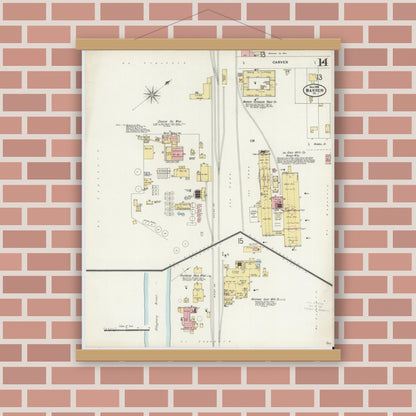 Old map wall art mockup — magnetic wood frame on brick wall — Sanborn Fire Insurance Map from Warren, Warren County, Pennsylvania (1898), Sheet #0014