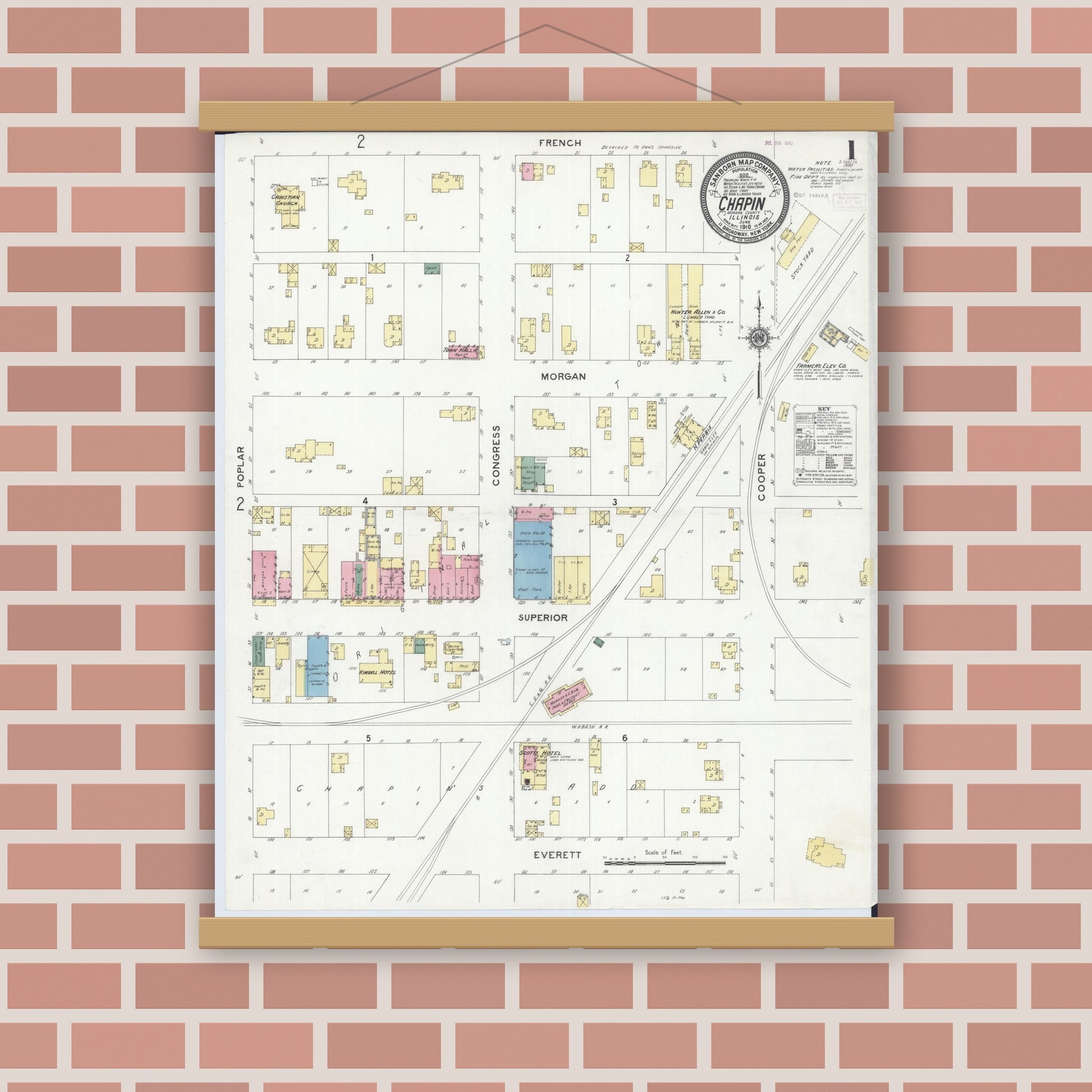 Old map wall art mockup — magnetic wood frame on brick wall — Sanborn Fire Insurance Map from Chapin, Morgan County, Illinois (1910), Sheet #0001