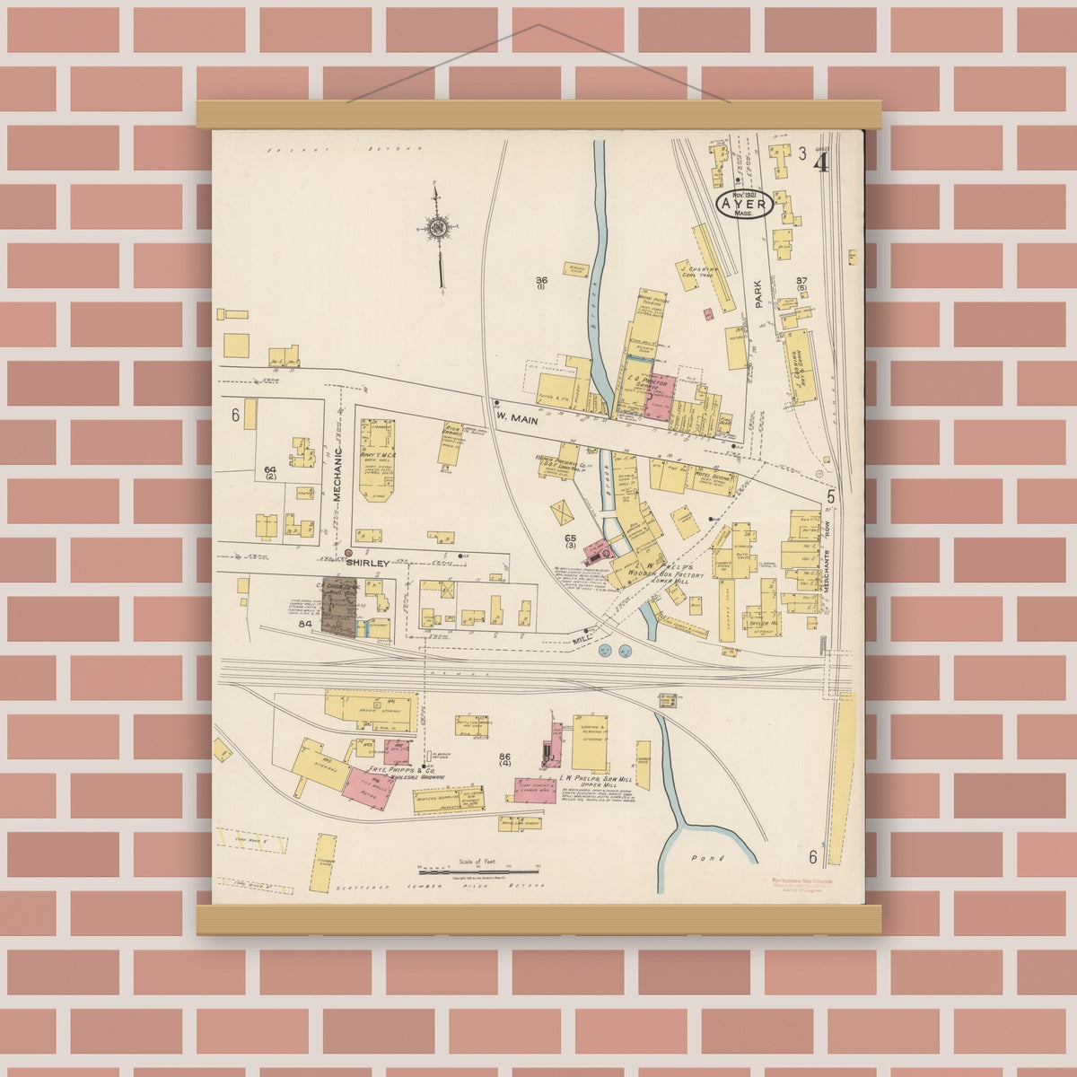 Old map wall art mockup — magnetic wood frame on brick wall — Sanborn Fire Insurance Map from Ayer, Middlesex County, Massachusetts (1921), Sheet #0004