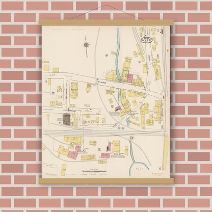 Old map wall art mockup — magnetic wood frame on brick wall — Sanborn Fire Insurance Map from Ayer, Middlesex County, Massachusetts (1921), Sheet #0004