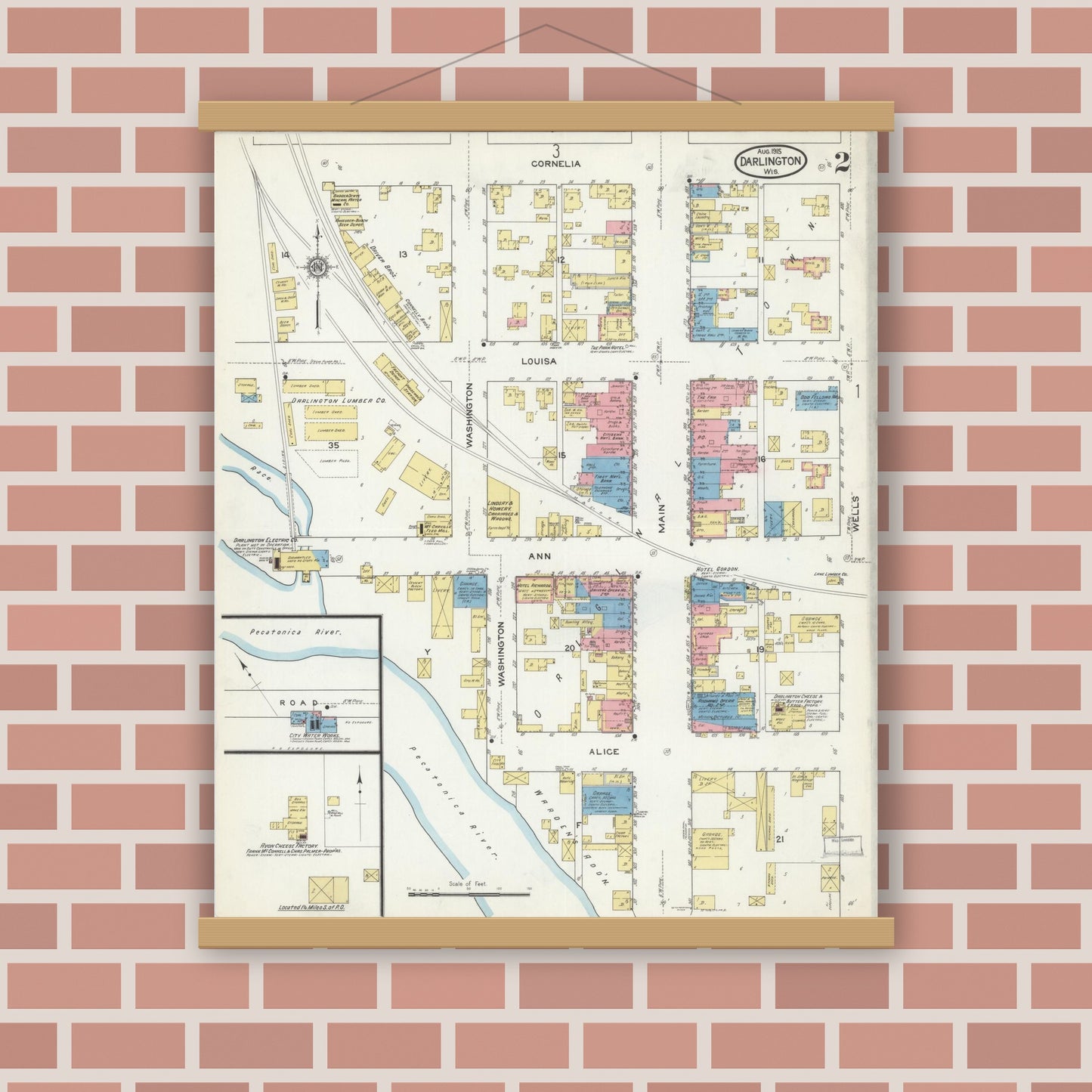 Old map wall art mockup — magnetic wood frame on brick wall — Sanborn Fire Insurance Map from Darlington, Lafayette County, Wisconsin (1915), Sheet #0002
