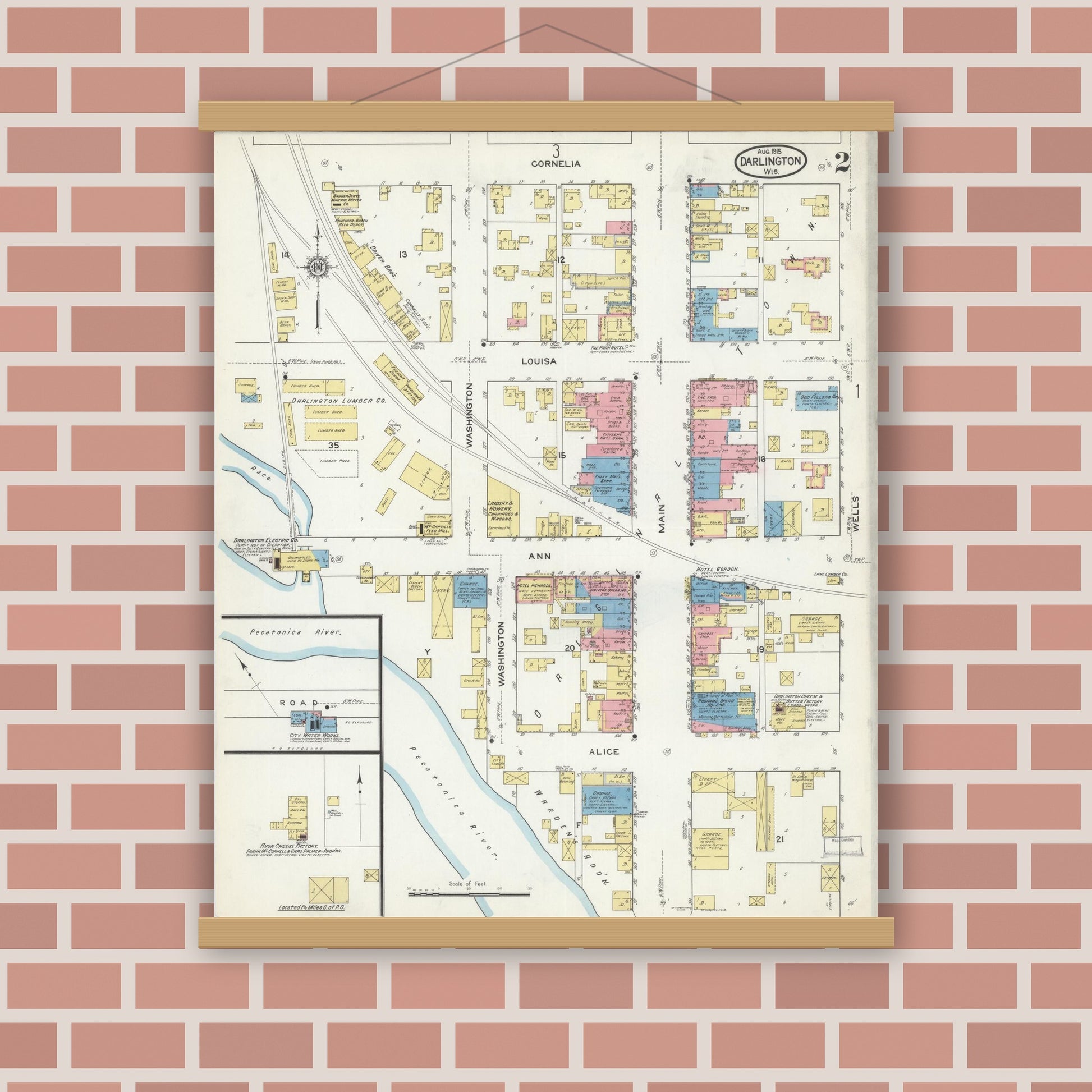 Old map wall art mockup — magnetic wood frame on brick wall — Sanborn Fire Insurance Map from Darlington, Lafayette County, Wisconsin (1915), Sheet #0002